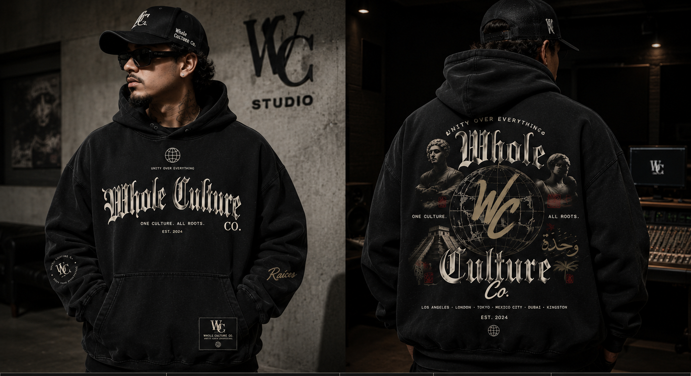 Model wearing the Whole Culture Heritage Hoodie, front and back