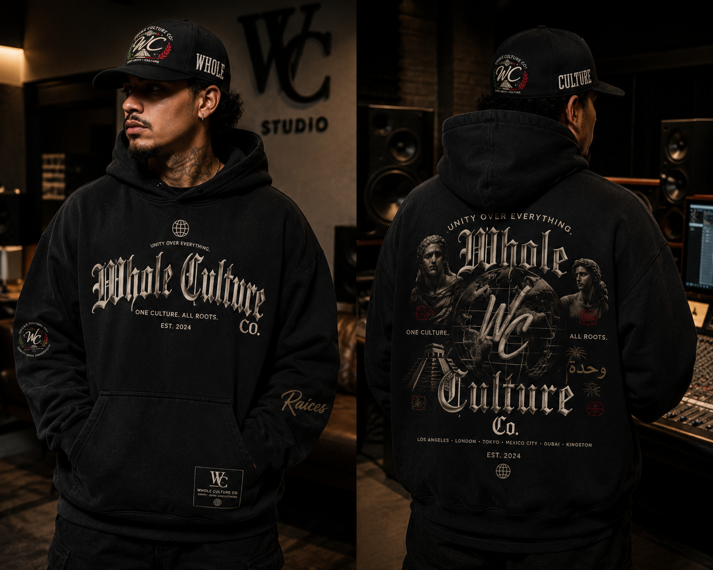 Whole Culture Heritage Hoodie styled with the WC Heritage Cap in studio